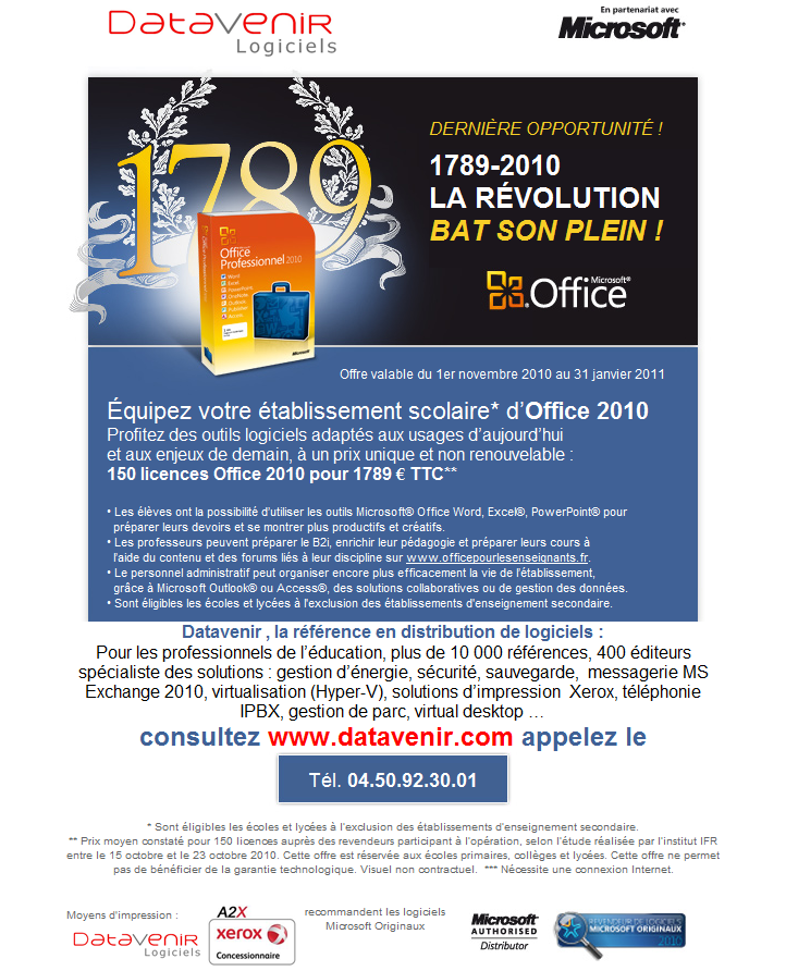 1789 La revolution bat son plein opportunite Offre speciale etablissement scolaire Microsoft MS Office 2010